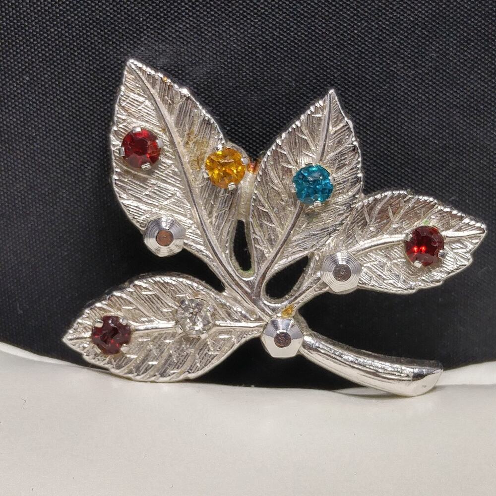 Anson Sterling Silver Leaf Brooch Birthstone Family Pin 1950s Vintage Jewelry